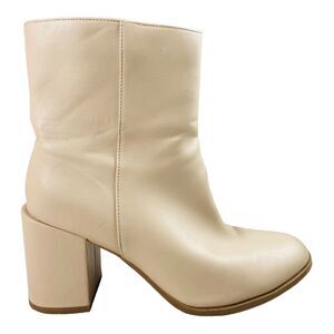 A New Day-Womens Cream Side Zipper Block Heeled Round Toe Ankle Boots 7.5